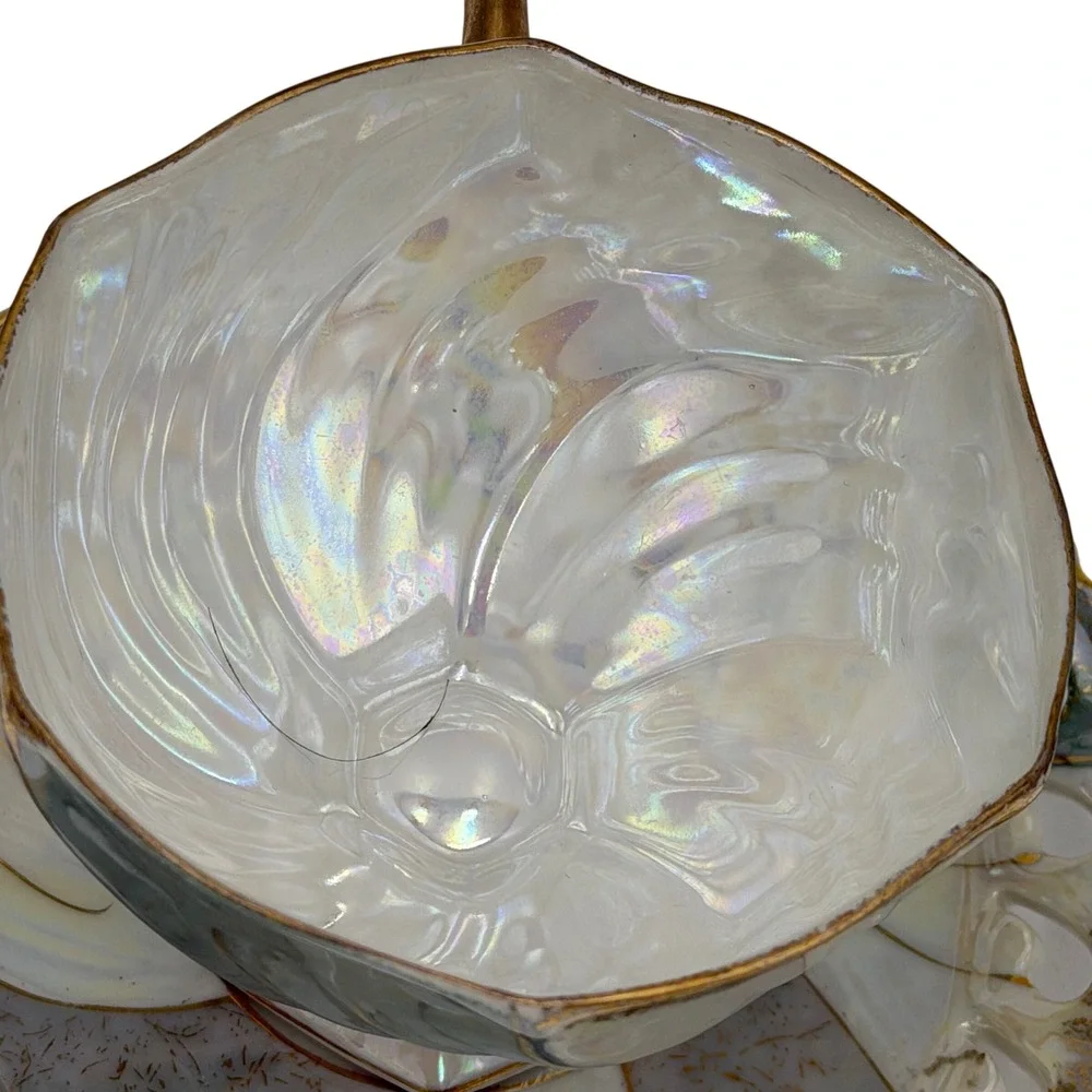 Vtg Lustreware Iridescent Footed Teacup and Reticulated Saucer Set Gold Trim